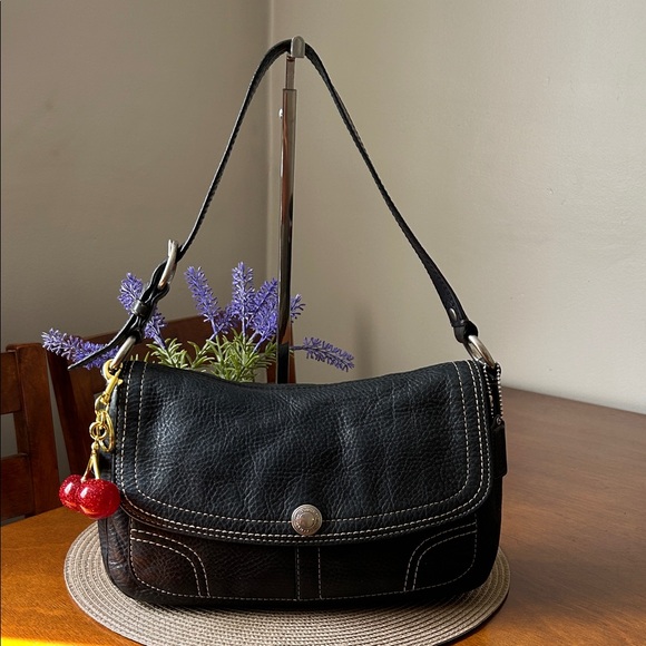 Coach Vintage Charcoal Leather Shoulder Bag with Cherry Charm - Picture 1 of 14